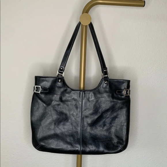 Nordstrom Handbags - Nordstrom Black Leather Blue Stitching Casual Tote Bag Paisley Lining Lg Pockets